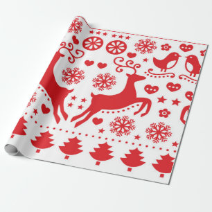 CHRISTMAS GIFT WRAP SCANDINAVIAN REINDEER IN RED PRESENTPAPPER