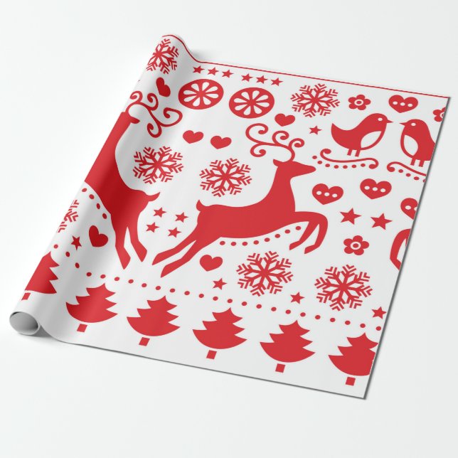 CHRISTMAS GIFT WRAP SCANDINAVIAN REINDEER IN RED PRESENTPAPPER (Utrullad)