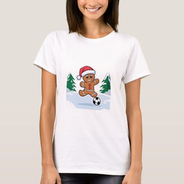 Christmas Gingerbread Cookie playing soccer T Shirt (Framsida)