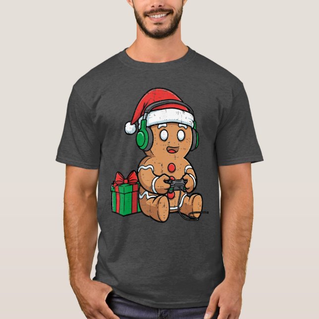Christmas Gingerbread Gamer Xmas Gaming Boys Youth T Shirt (Framsida)