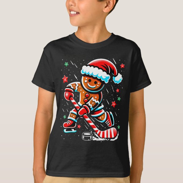 Christmas Gingerbread Ice Hockey Srts Funny Xmas P T Shirt (Framsida)