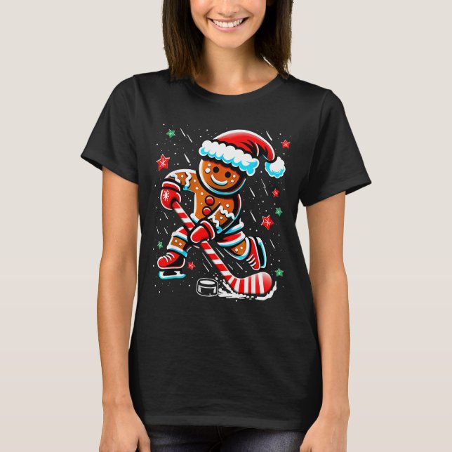 Christmas Gingerbread Ice Hockey Srts Funny Xmas P T Shirt (Framsida)