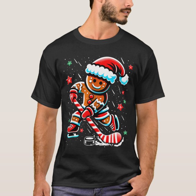Christmas Gingerbread Ice Hockey Srts Funny Xmas P T Shirt (Framsida)