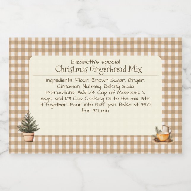 Christmas Gingerbread Mix Brown Gingham Labels Mat Etiketter (Singel etikett)