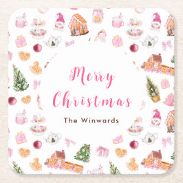 Christmas Gingerbread Pink Merry Christmas Underlägg Papper Kvadrat
