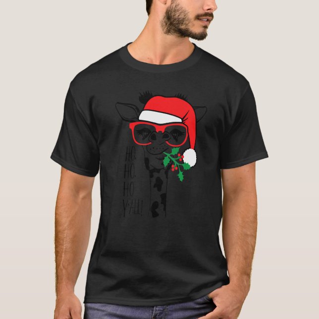 Christmas Giraffe With Glasses Santa Hat Xmas T Shirt (Framsida)