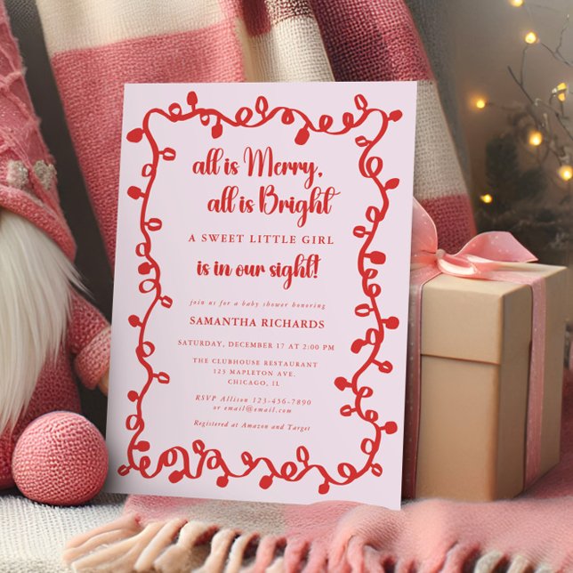 Christmas Girl blush pink red lights baby shower Inbjudningar (Skapare uppladdad)