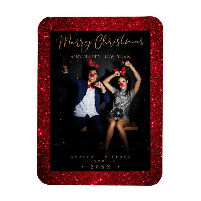 Christmas Glitter Fun Photo Newlyweds Script Magnet (Vertikal)