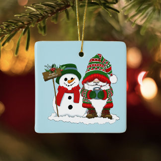 Christmas Gnome Snowman Cute Julgransprydnad Keramik