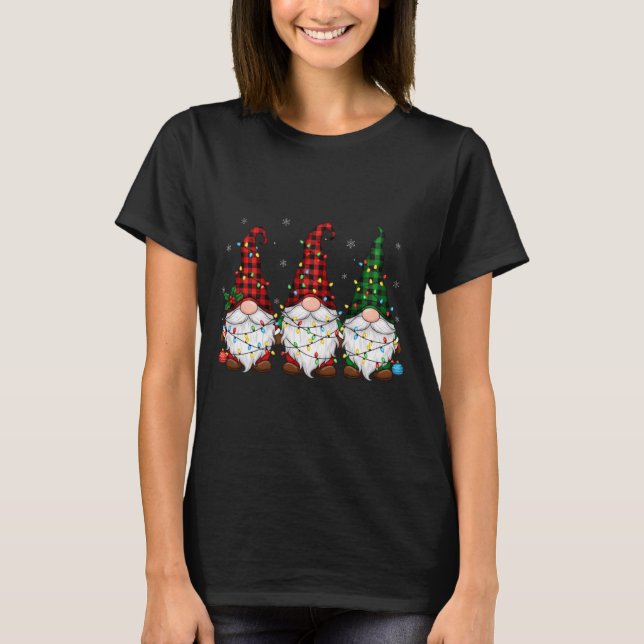 Christmas Gnome Trio Buffalo Plaid Lights Cute Xma T Shirt (Framsida)