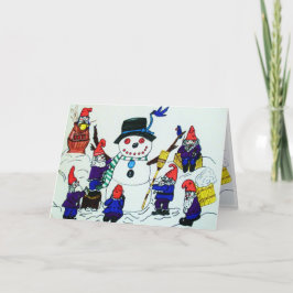 CHRISTMAS,GNOMES BUILD A SNOWMAN  card Helgkort