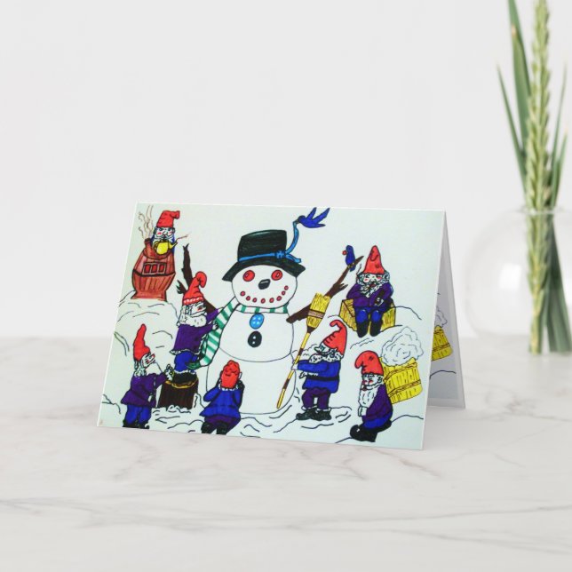 CHRISTMAS,GNOMES BUILD A SNOWMAN  card Helgkort (Framsida)