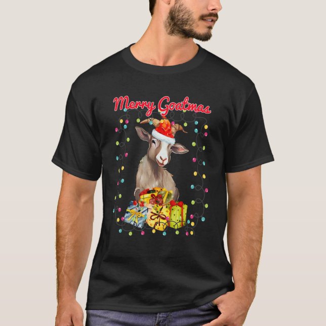 Christmas Goat Wreathed in Holiday Lights(C) T Shirt (Framsida)