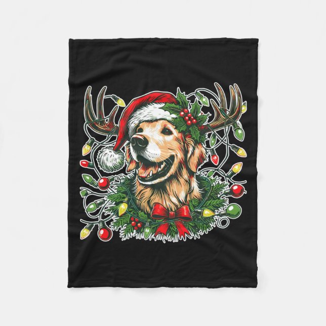 Christmas Golden Retriever Antlers Santa Hat Long  Fleecefilt (Framsidan)
