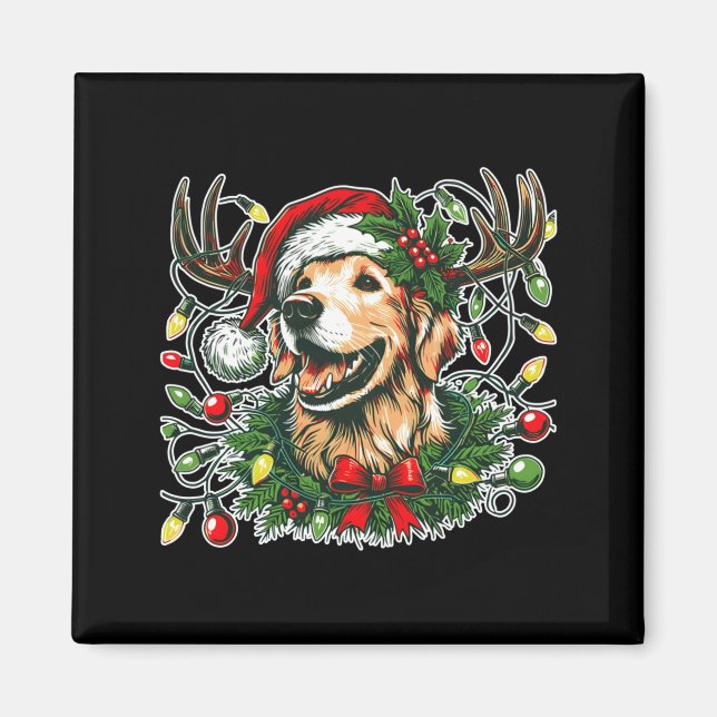 Christmas Golden Retriever Antlers Santa Hat Long  Magnet (Framsidan)