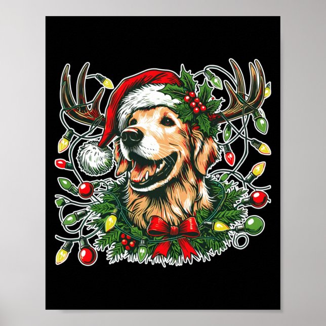 Christmas Golden Retriever Antlers Santa Hat Long  Poster (Framsidan)