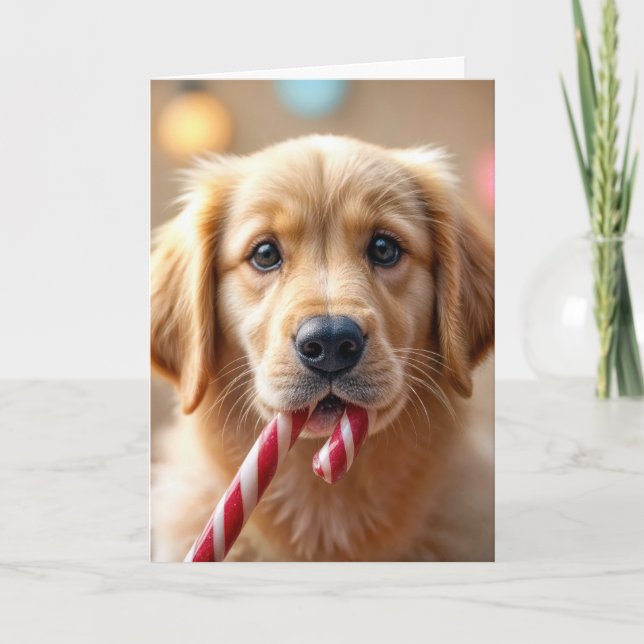 Christmas Golden Retriever Puppy and a Candy Cane Kort (Framsida)
