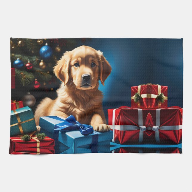 CHRISTMAS GOLDEN RETRIEVER PUPPY KÖKSHANDDUK (Horisontell)