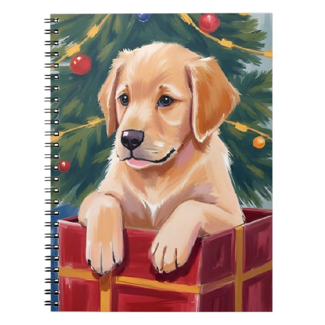 Christmas Golden Retriever Puppy Present Anteckningsbok (Framsidan)