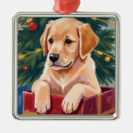 Christmas Golden Retriever Puppy Present Julgransprydnad Metall