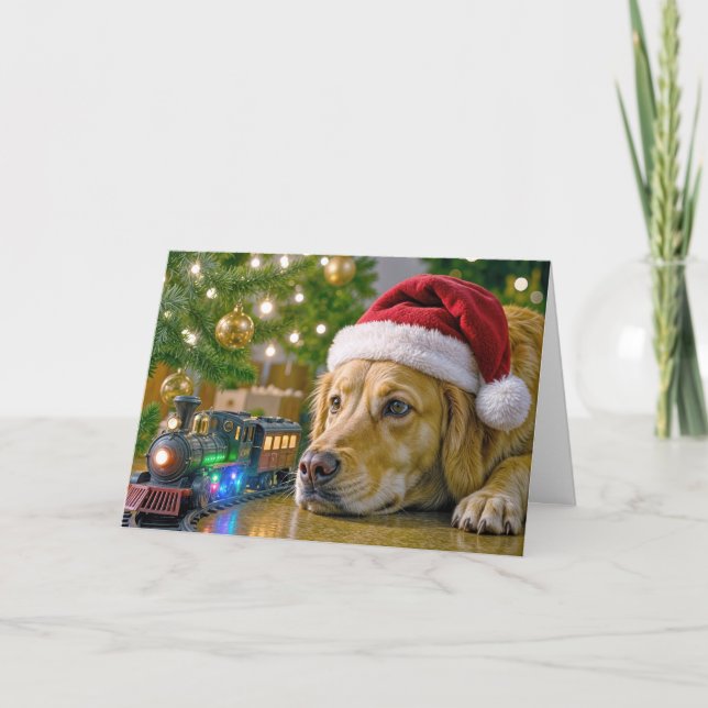 Christmas Golden Retriever Watching a Toy Train Kort (Framsida)