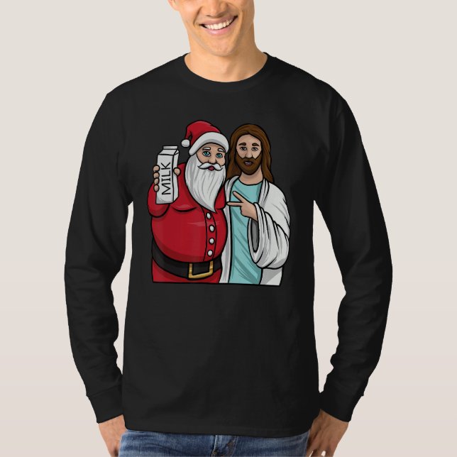 Christmas Graphic Santa and Jesus Jingle Bros Milk T Shirt (Framsida)