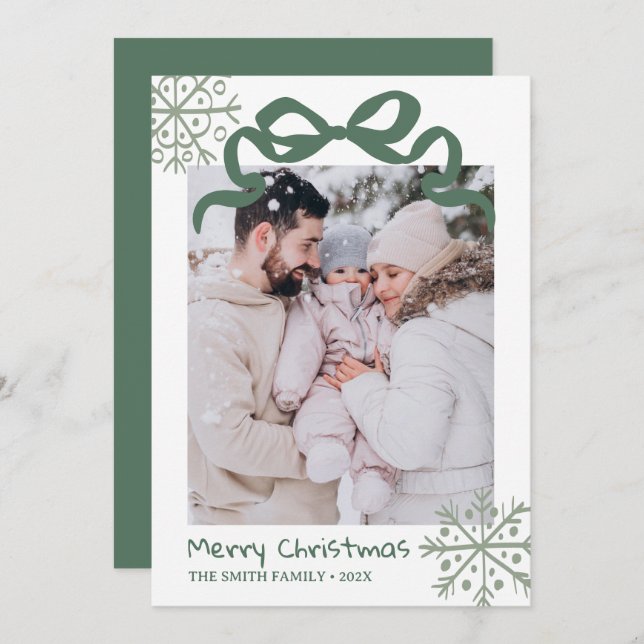Christmas Green Bow snowflakes Photo card  Inbjudningar (Fram/baksida)