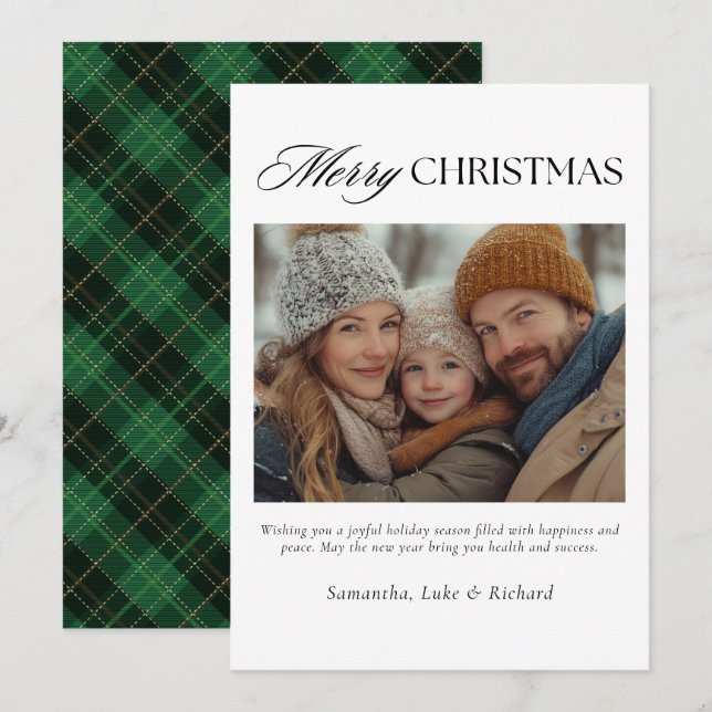 Christmas Green Plaid Family Photo Holiday Card Julkort (Fram/baksida)