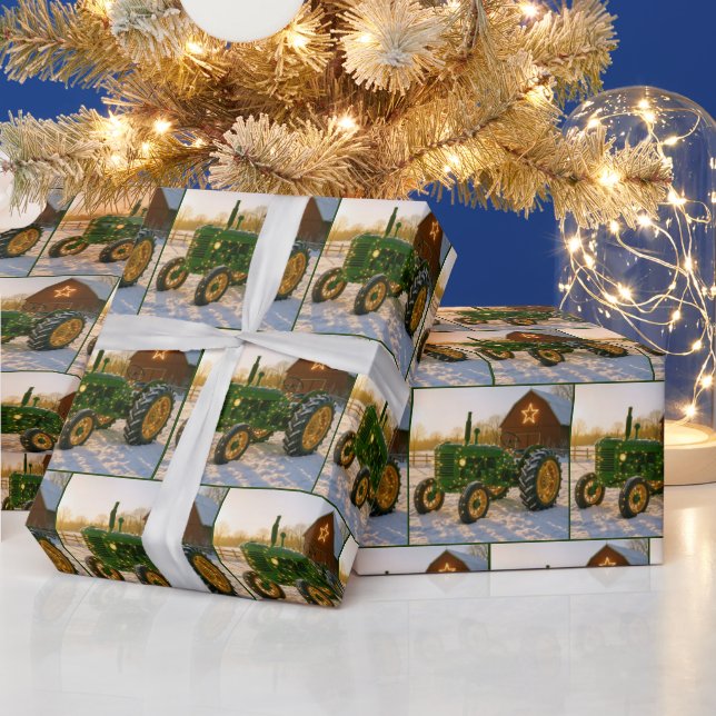 Christmas Green Tractor With Glowing Lights Presentpapper (Helgdagar)