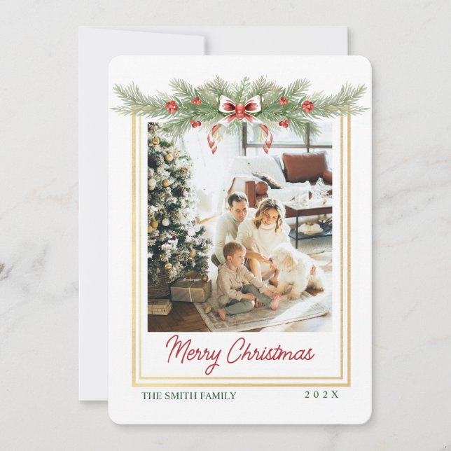 Christmas Greenery And Bow 1 Photo Golden Frame Julkort (Framsida)