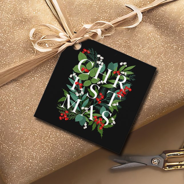 CHRISTMAS Greenery Berries Helgdag Black Gåvor Etiketter (CHRISTMAS Greenery Berries Holiday Black Favor Tags)