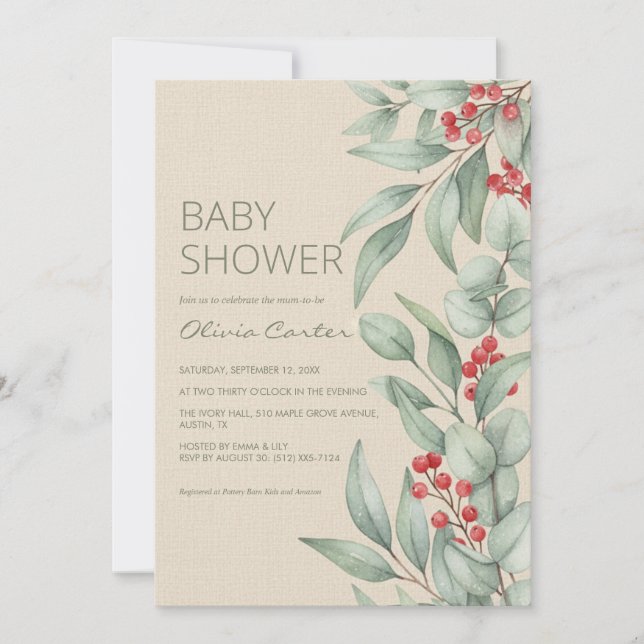 Christmas Greenery Berry Winter Baby Shower Inbjudningar (Framsida)