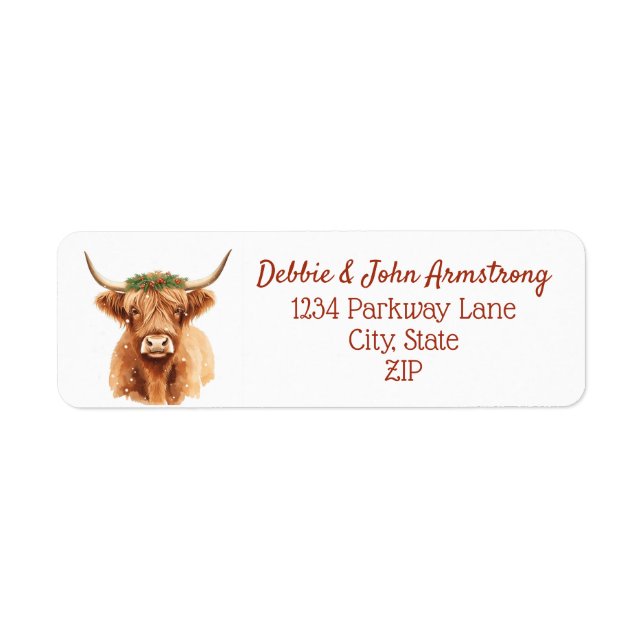 Christmas Greenery Highland Miniature Cow Farm Returadress Etikett (Framsidan)