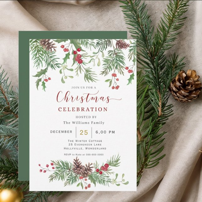 Christmas Greenery Watercolor Celebration Invitati Inbjudningar (Skapare uppladdad)