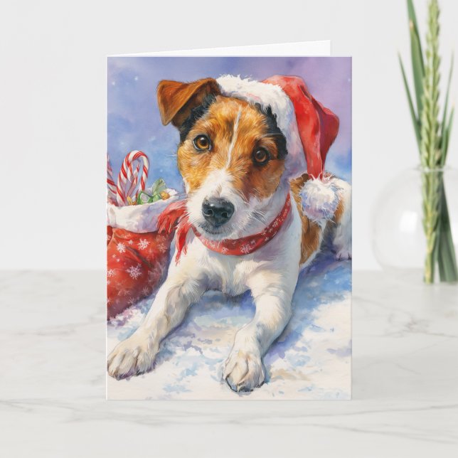  Christmas Greeting Card with cute Jack Russell Helgkort (Framsida)