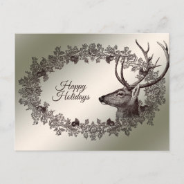 Christmas Greeting Floral Reindeer Golden Winter Vykort