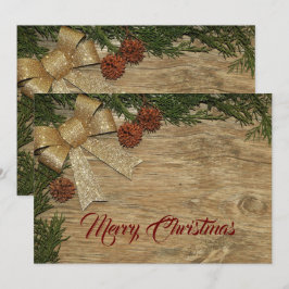 Christmas Greeting Golden Bow Green Leaves Red Julkort