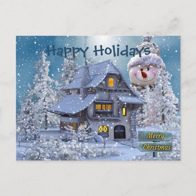 Christmas Greeting Winter Snowman Blue Rustic Vykort (Framsida)
