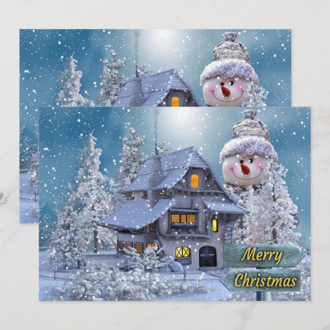 Christmas Greeting Winter White Snowman Blue  Julkort (Fram/baksida)