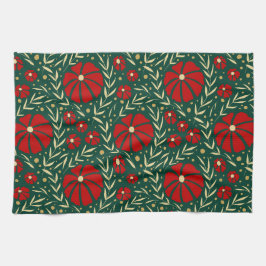 Christmas Hand-Drawn Red Flowers & Leaves Kökshandduk