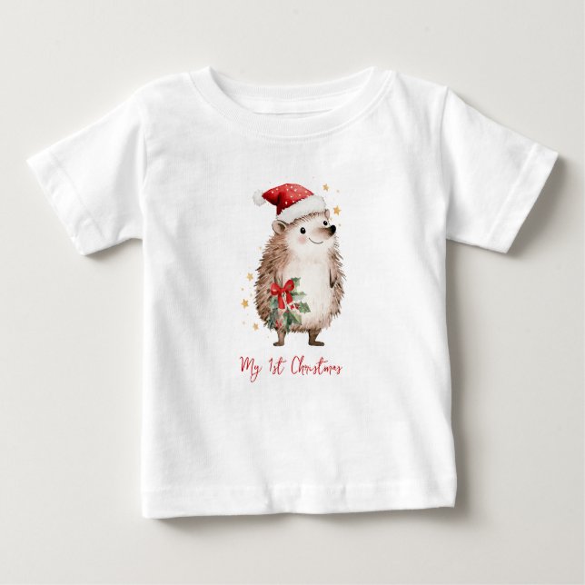 Christmas Hedgehog in Santa Hat  T Shirt (Framsida)