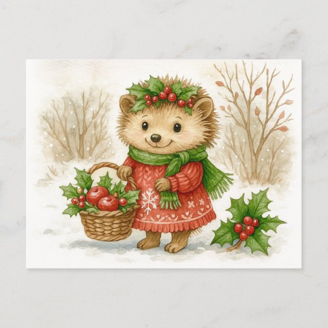 Christmas Hedgehog Watercolor Postcard Helg Vykort (Framsida)