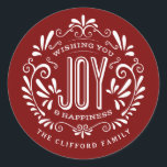 CHRISTMAS HELGDAG CHALK ART ORNAMENT STICKERS RUNT KLISTERMÄRKE<br><div class="desc">ÖNSKAR DIG JOBY & HAPPINESS: Ljusstark och munkavle runt julprydnad i stil med reflebanner, vintage röd och vit typografi och finare snurrar. Anpassa den här dekorativa helgdag-ROUND-etiketten till din familj namn eller anpassningsbar hälsning. Perfekt för försegling av kuvert eller som presentförpackade märkre. Contemporary, klassiskt, modernt och snyggt sätt att skicka...</div>