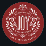CHRISTMAS HELGDAG CHALK ART ORNAMENT STICKERS RUNT KLISTERMÄRKE<br><div class="desc">ÖNSKAR DIG JOBY & HAPPINESS: Ljusstark och munkavle runt julprydnad i stil med reflebanner, vintage röd och vit typografi och finare snurrar. Anpassa den här dekorativa helgdag-ROUND-etiketten till din familj namn eller anpassningsbar hälsning. Perfekt för försegling av kuvert eller som presentförpackade märkre. Contemporary, klassiskt, modernt och snyggt sätt att skicka...</div>