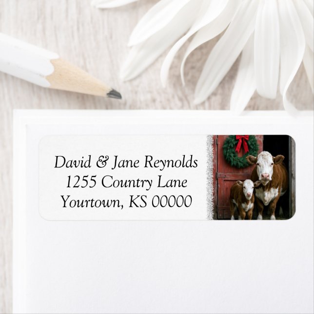 Christmas Hereford Cow and Calf Returadress Etikett (Insitu)