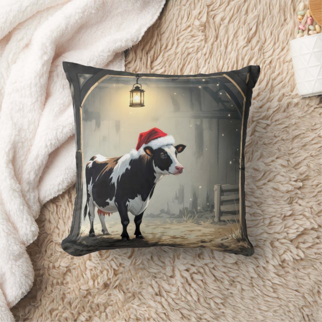 Christmas Hereford Cow In Barn Doorway Kudde (Filt)