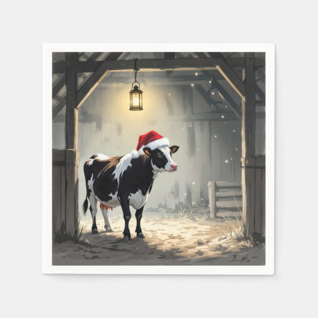 Christmas Hereford Cow In Barn Doorway Pappersservett (Framsidan)