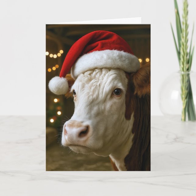 Christmas Hereford Cow Wearing a Santa Hat Kort (Framsida)