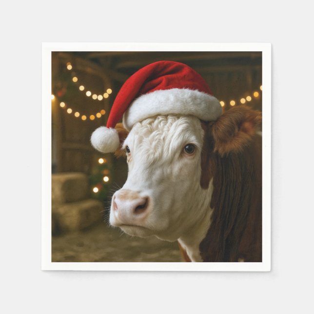 Christmas Hereford Cow Wearing a Santa Hat Pappersservett (Framsidan)