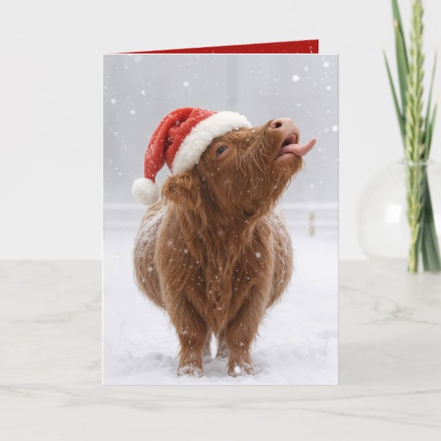Christmas Highland Cow Catching Snowflakes Kort (Framsida)